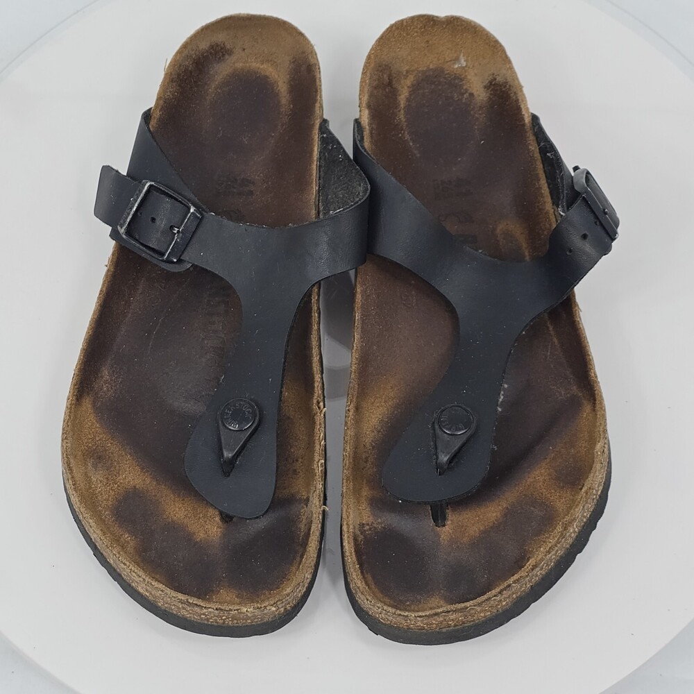 Worn Birkenstock Gizeh Women L 10/41 Wide Black Flip Flops/Thongs SlipOn Sandals